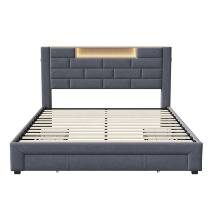 Tweepersoonsbed 140x200 cm – Bed Met Opberglades – Ladebed – Opbergbed – Velvet Bed – Grijs Bekleed – 3 Ruime Lades – Stevig Met Houten Lattenbodem