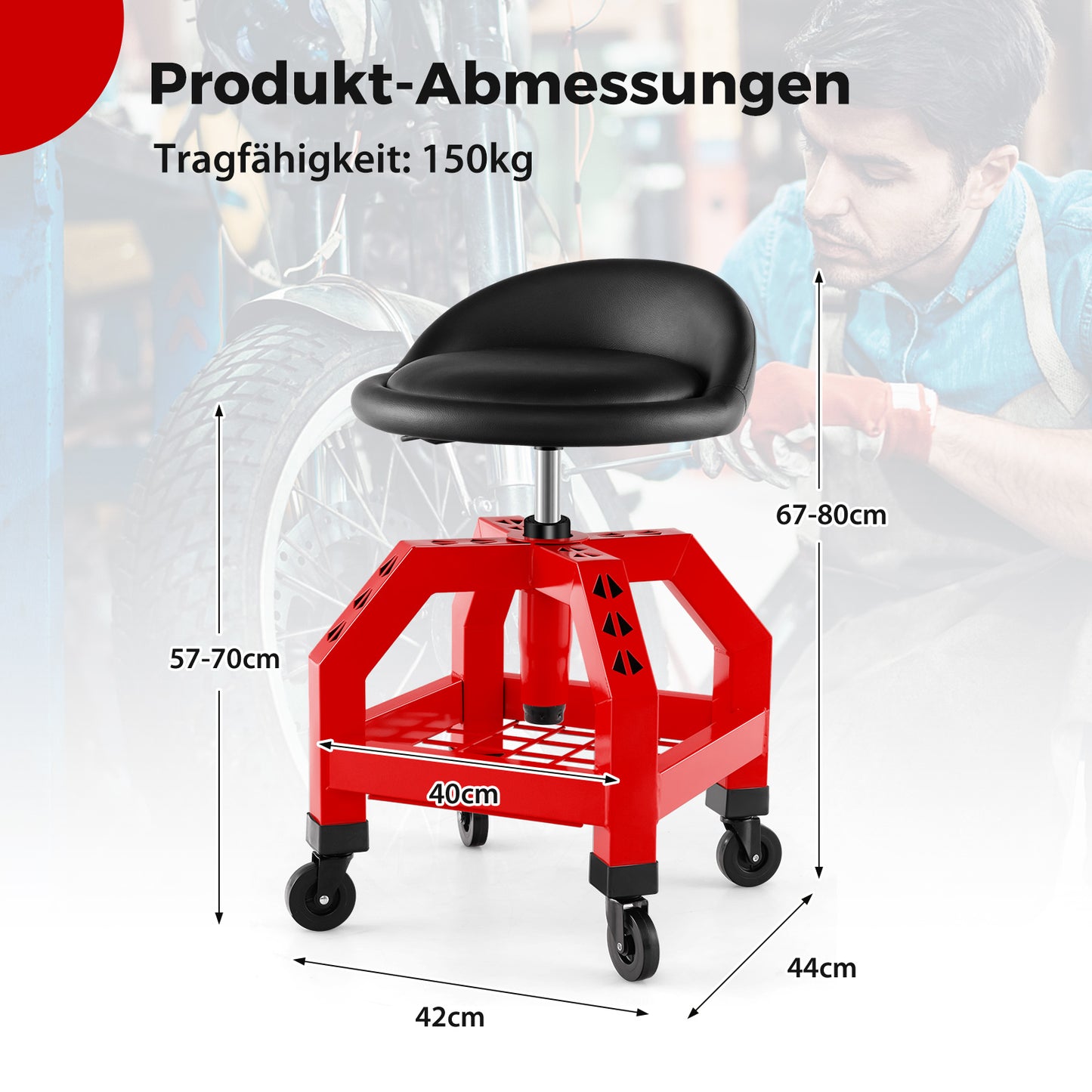 Mechaniekerskruk – Werkkruk – Monteurskruk – Werkstoel – Werkbankkruk – Verstelbare Hoogte – 360° Draaibare Zitting – Met Wieltjes – Met Metalen Frame – Draagkracht 150 kg – Rood