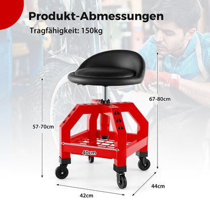 Mechaniekerskruk – Werkkruk – Monteurskruk – Werkstoel – Werkbankkruk – Verstelbare Hoogte – 360° Draaibare Zitting – Met Wieltjes – Met Metalen Frame – Draagkracht 150 kg – Rood