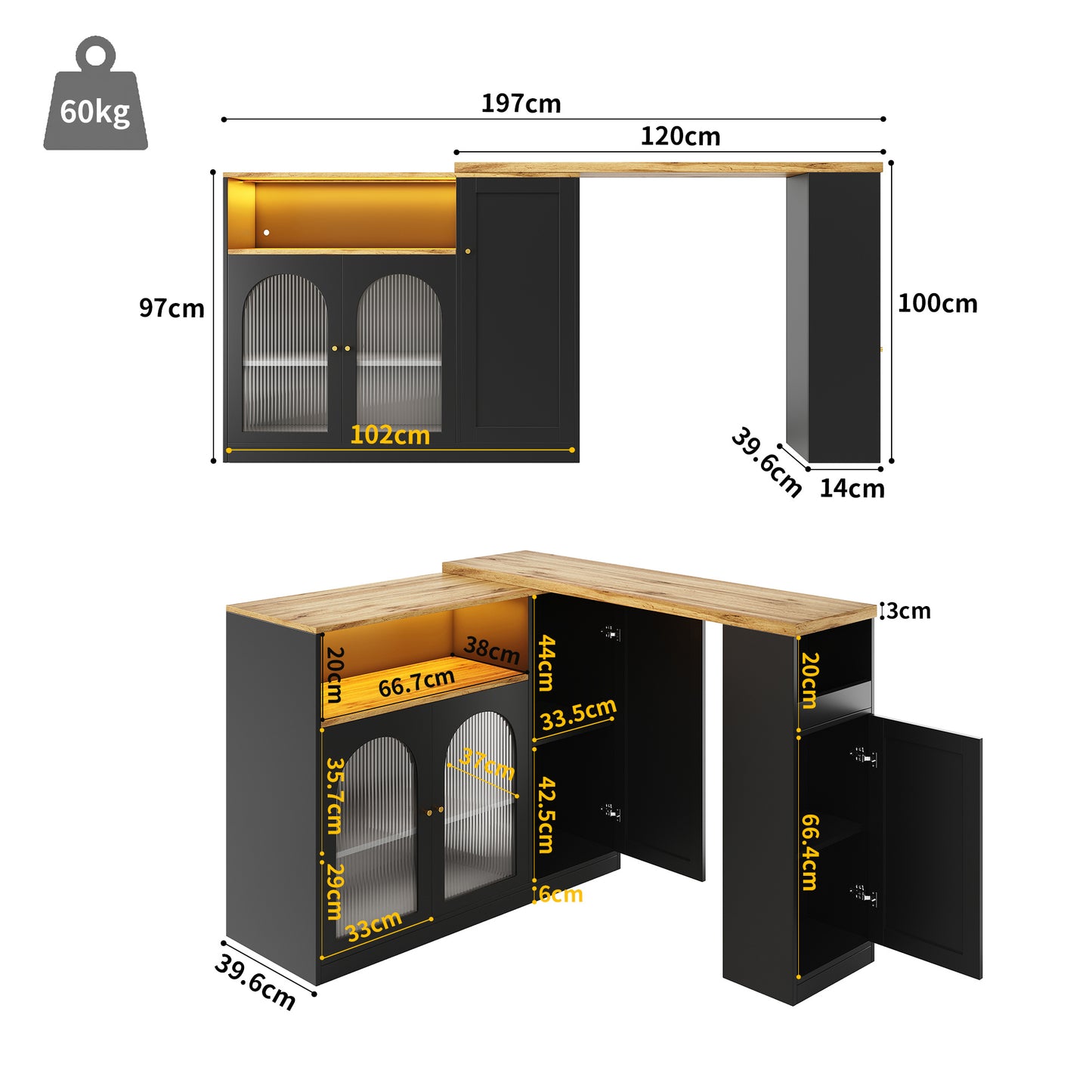 Buffetkast – Opbergkast – Keukenkast – Sideboard – Wijnkast – 360° Draaibaar Ontwerp – 198 x 39,6 x 97 cm – Glazen Deuren met Lades