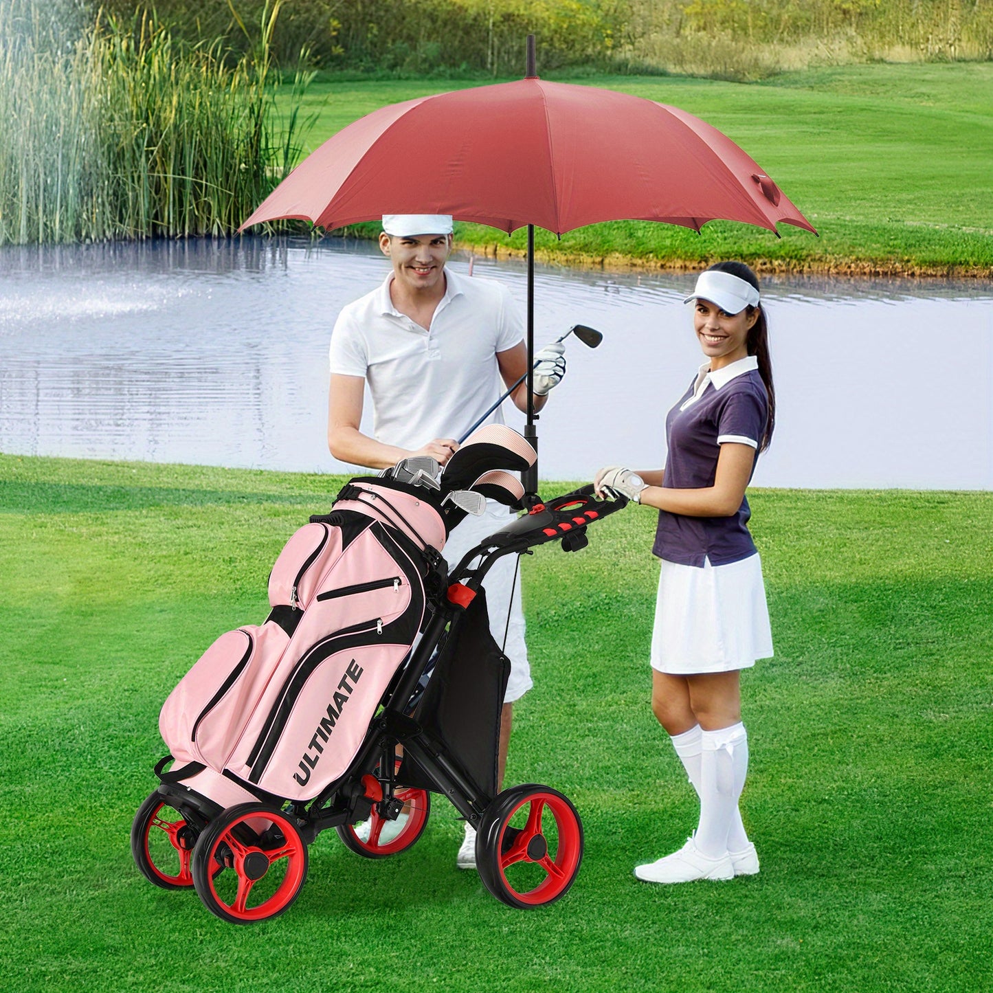 Golfkar – Golfwagen – Golftrolley – Golfbuggy – Golfkarretje – Lichtgewicht Polypropyleen Frame – Verstelbare Handgreep Met Voetrem – Rood/Zwart