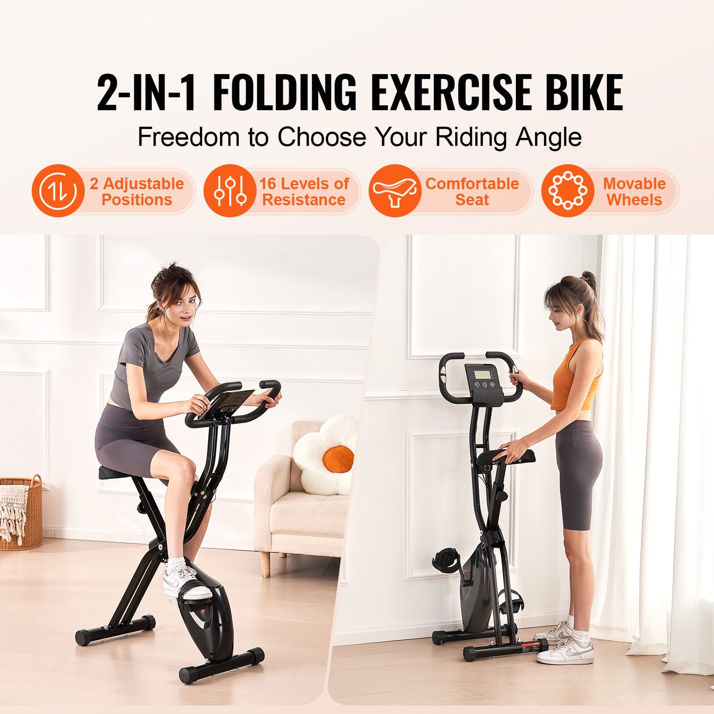 3-in-1 Hometrainer – Fitnessfiets – Indoor Bike – Stationaire Fiets – Opvouwbare Fiets – Zwart-Oranje – Verstelbaar Zadel – Magnetische Weerstand