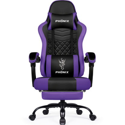 Gamingstoel – Gamestoel – Gaming Chair – Bureaustoel – Game Stoel – Ergonomisch Met Verstelbare Voetensteun – Memory Foam Kussens – Paars Met Phoenix Print