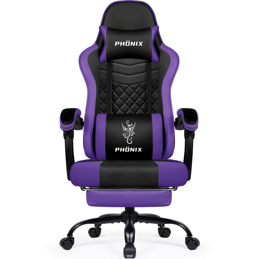Gamingstoel – Gamestoel – Gaming Chair – Bureaustoel – Game Stoel – Ergonomisch Met Verstelbare Voetensteun – Memory Foam Kussens – Paars Met Phoenix Print