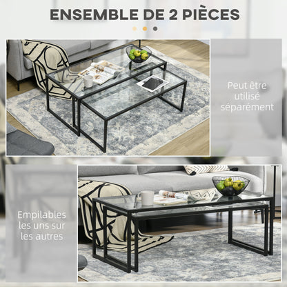 Nesting Salontafel – Bijzettafel – Woonkamertafel – Tafelset – Zwart Geharde Glas – Stalen Frame – Ruimtebesparend Design – Set Van 2