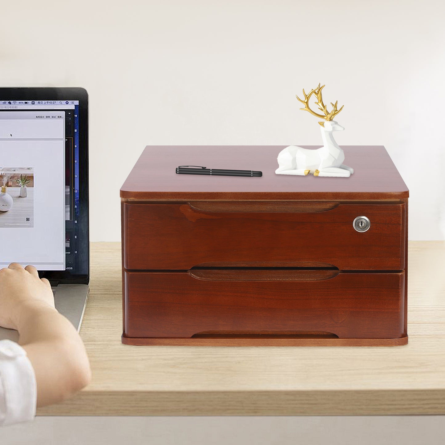 2-Tier Locking with Lock - Heavy-Duty Tung Wood, Walnut-Finish Desktop Organizer with 2 Drawers & Top Shelf for Home Office, Study, or Living Room - Locking Mechanism, Space-Saving Design, Ideal Gift for Organizing Documents,