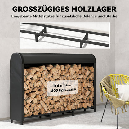 Houtrek – Houtopslag – Brandhoutrek – Buitenhaardrek – Houtbewaarrek – Zwart – 199x30x121 cm – Waterdichte hoes – Max. 300 kg draagvermogen