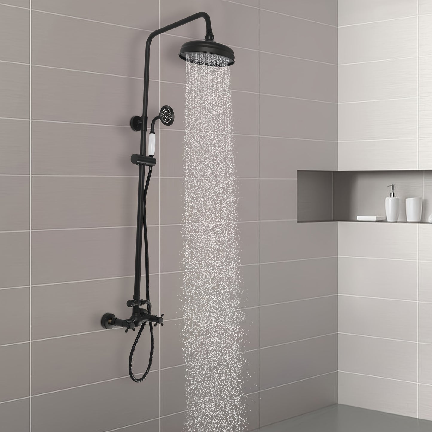 Regendouche – Douche Systeem – Douche Set – Handdouche – Doucheset – Retro Design – Verstelbare Douchestang – Messing & Roestvrijstaal - Zwart