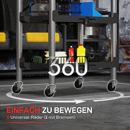 Gereedschapswagen – Werkplaatswagen – Trolley – Gereedschapstrolley – Opvouwbare kar – 3 Lagen Opbergruimte – Duurzaam Kunststof en Staal – Zwart