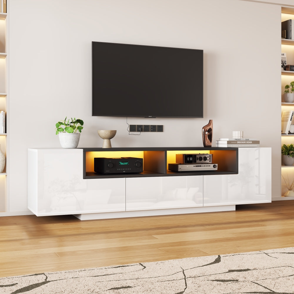 Tv Meubel – TV Kast – TV Dressoir – TV Stand – Entertainment Center – L-vormig Ontwerp – Geschikt voor 75 Inch – Hoogglans Wit Zwart – Vrijstaand Met Opberglades