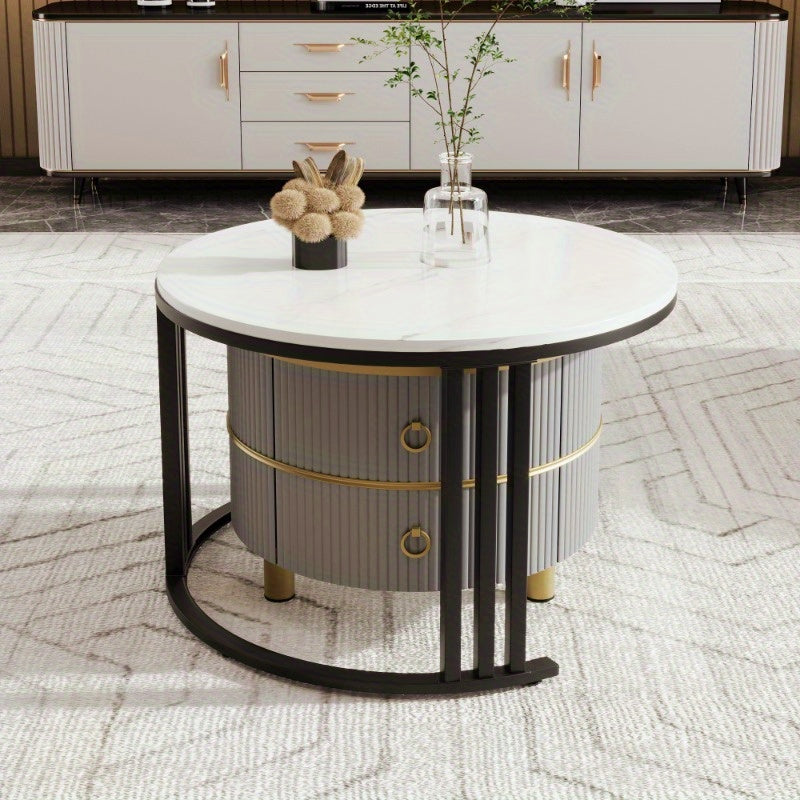 Bijzettafel – Salontafel – Nachttafel – Tafeltje – Lounge Tafel – Grijs met Wit Marmeren Blad – Set van 2 Met Laden – Nestbaar – 70x70x46 & 50x50x40 cm