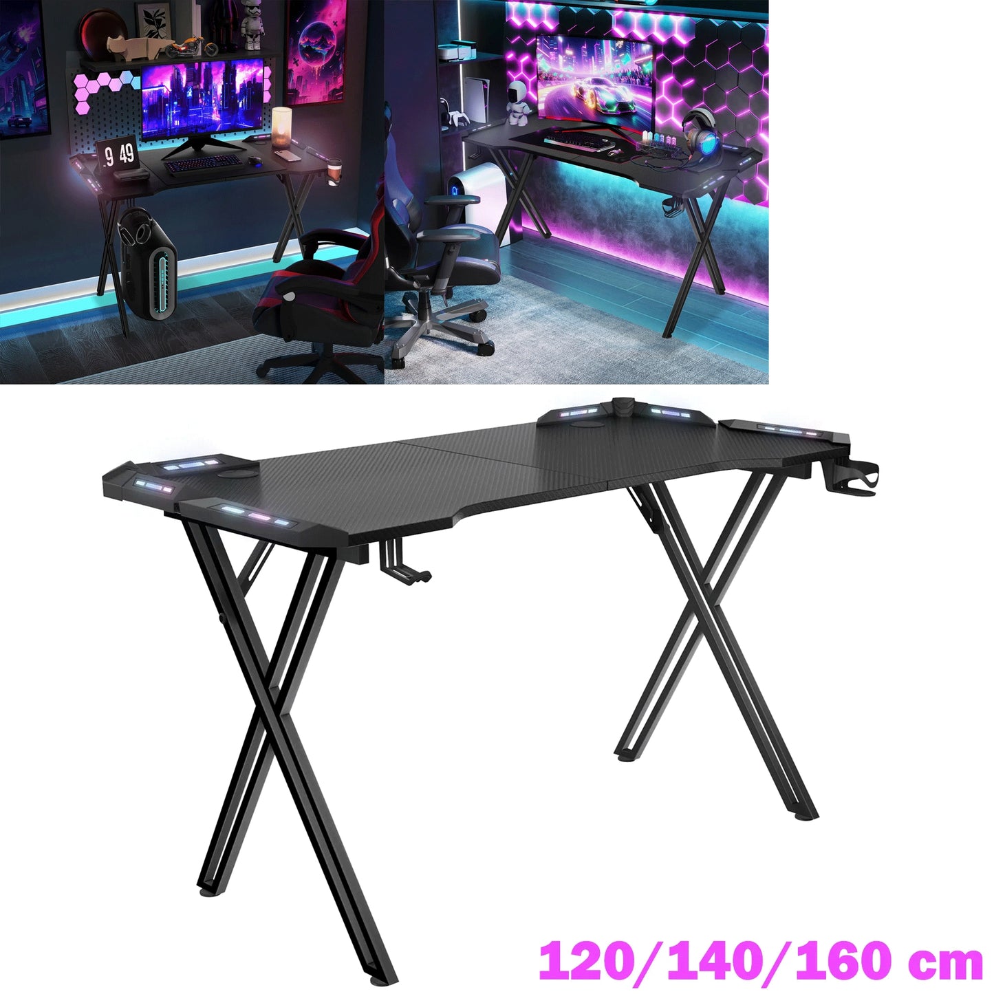 Gamingtafel – Game Bureau – Gaming Desk – Computer Tafel – Game Tafel – X-Frame Stalen Frame – Carbon Fiber Blad 140x60x74 cm – Inclusief Bekerhouder en Koptelefoonhaak – LED Verlichting – Draagvermogen 100 kg
