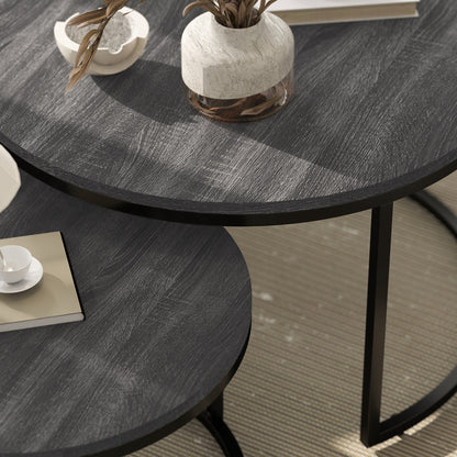 Bijzettafel – Salontafel – Sidetable – Nachtkastje – Banktafel – Set van 2 Ronde Tafels – Marmerlook MDF Blad – Zwart Metalen Frame