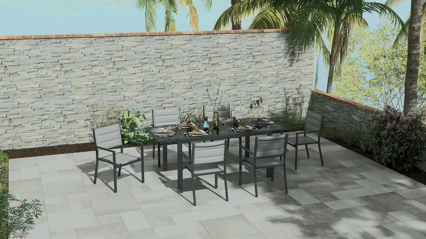 Tuinmeubelset – Tuinset – Loungeset – Zitgroep – Balkonset – Aluminium Frame – Uitschuifbare Tafel 150-210 cm – 6 Stapelbare Stoelen – Grijs