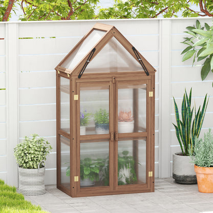 Koudebak – Mini Kas – Groentekas – Tuinkas – Kweekkast – Houten Frame – Transparante PVC – 3 Verstelbare Planken – Dubbele Deuren – 71x41x132 cm