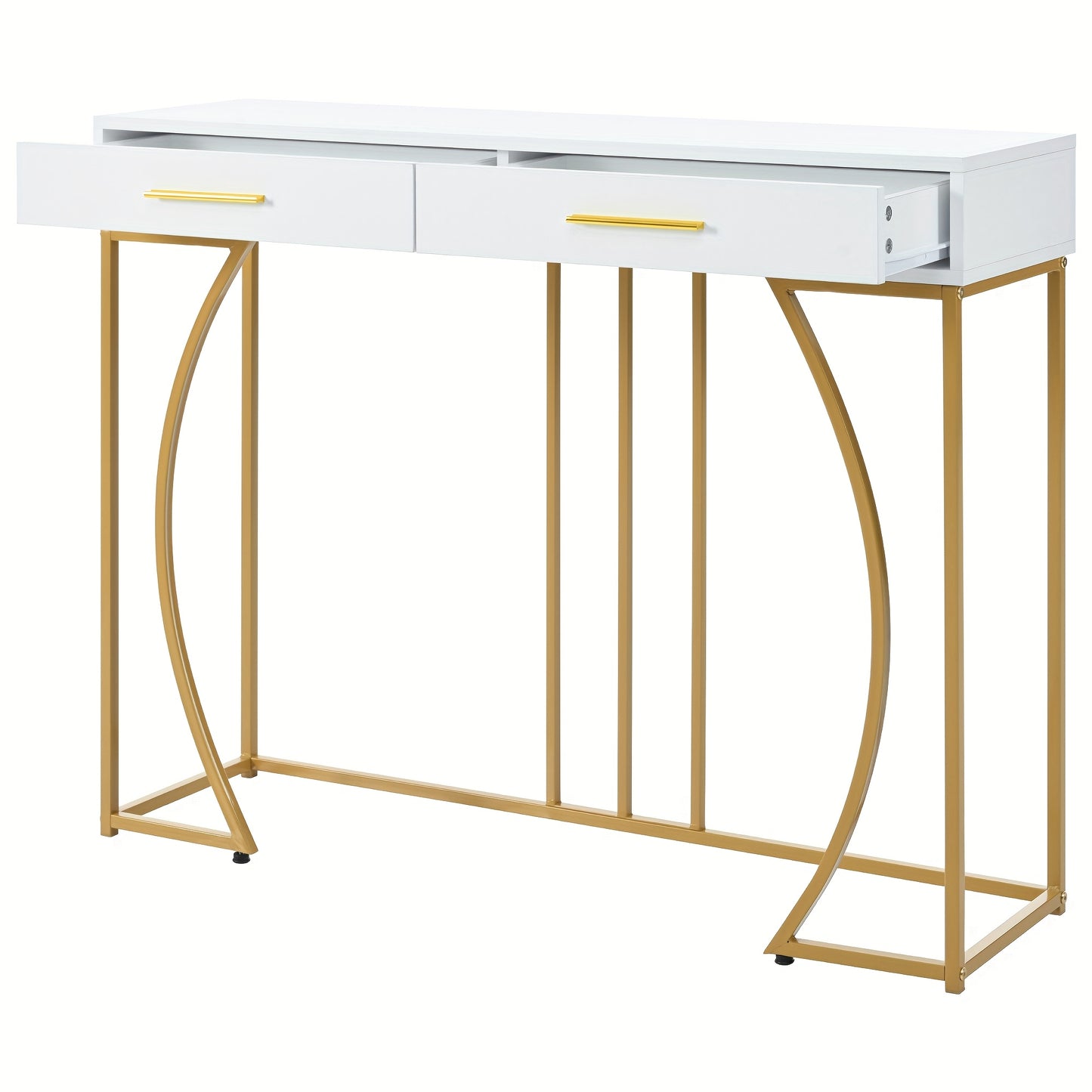 Modern White & Golden Console Table with 2 Drawers - Contemporary Metal Frame, 120x38x76cm, Elegant Side Table for Hallway or Living Room, Easy Assembly, No Power Needed, Living Room Furniture, Sleek Design, Sturdy Constructi