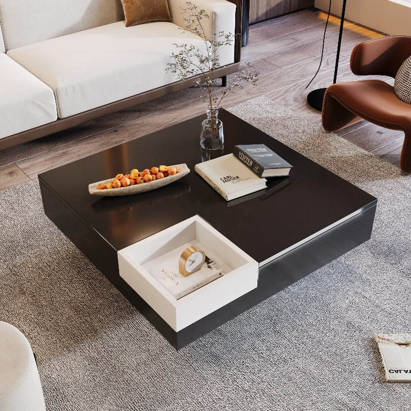 Salontafel – Koffietafel – Tafel – Woonkamertafel – Hoogglans Tafel – Verwijderbare Opbergbox – Ingebouwde Verlichting – 72x72x30 cm – Zwart/Wit