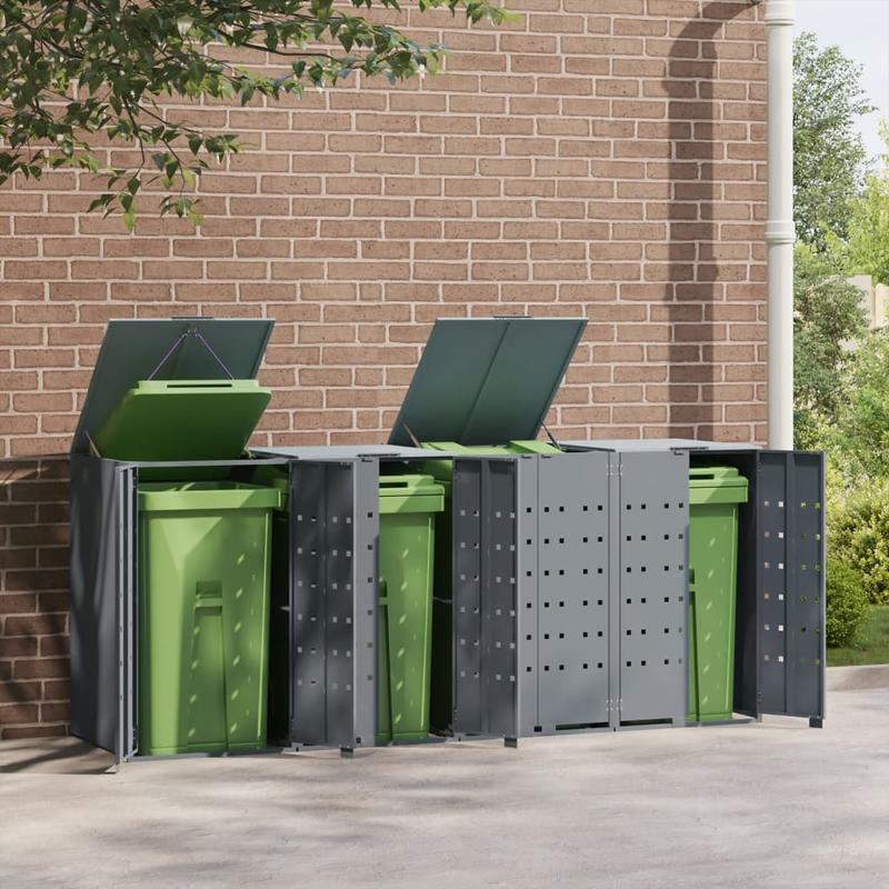 Containersdeksel – Vuilnisbakafdekking – Afvalbakhoes – Containerkap – Afvalcontainer Deksel – Stevig Stalen Frame – 4 Containers Met Wielen – Grijs – 276x79x117 cm