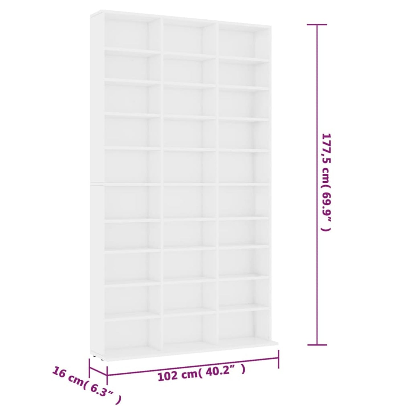 Cd Kast – Cd Rek – Cd Opbergmeubel – Boekenkast – Opbergkast – Wit Design – 30 Open Vakken – Spaanplaat 102x23x177,5 cm