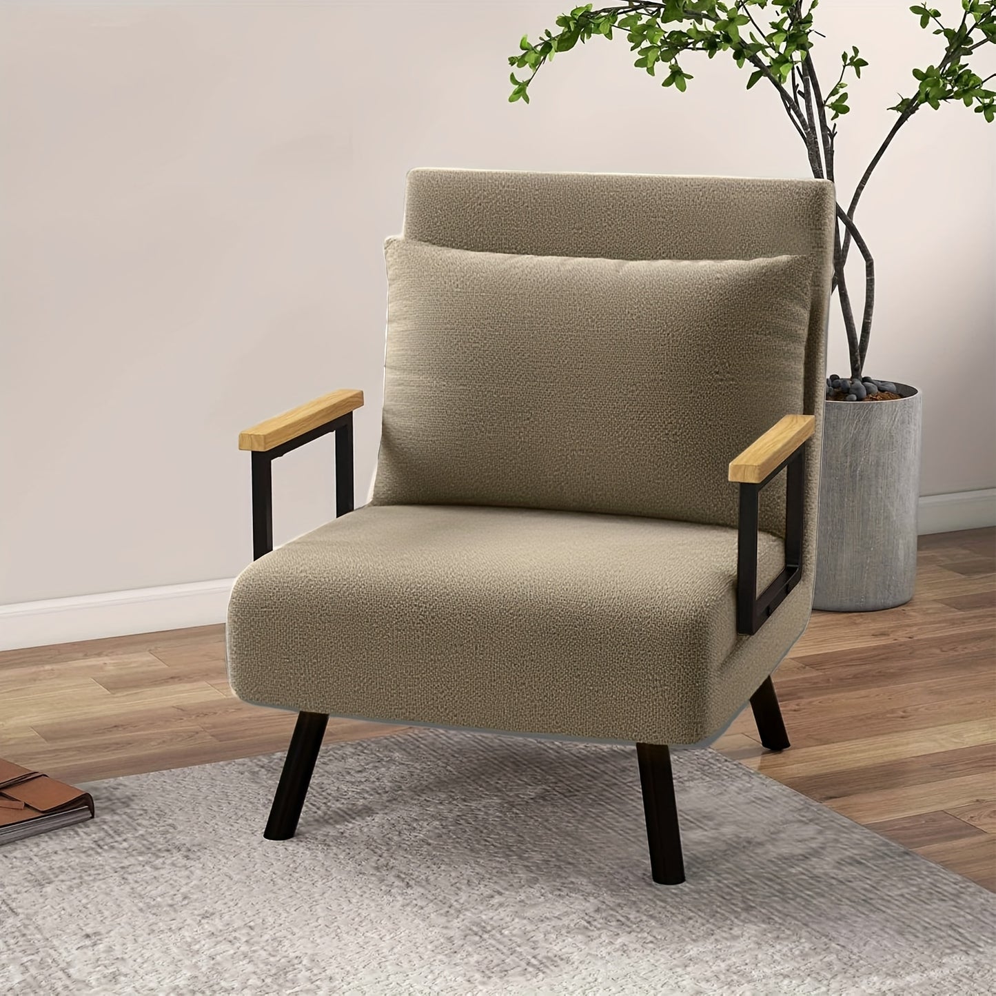 Slaapbank – Bedbank – Logeerbank – Inklapbare Bank – Studio Bank – Groot Formaat – Houten Armleuningen – Eenvoudig Inklapbaar Design – Kaki