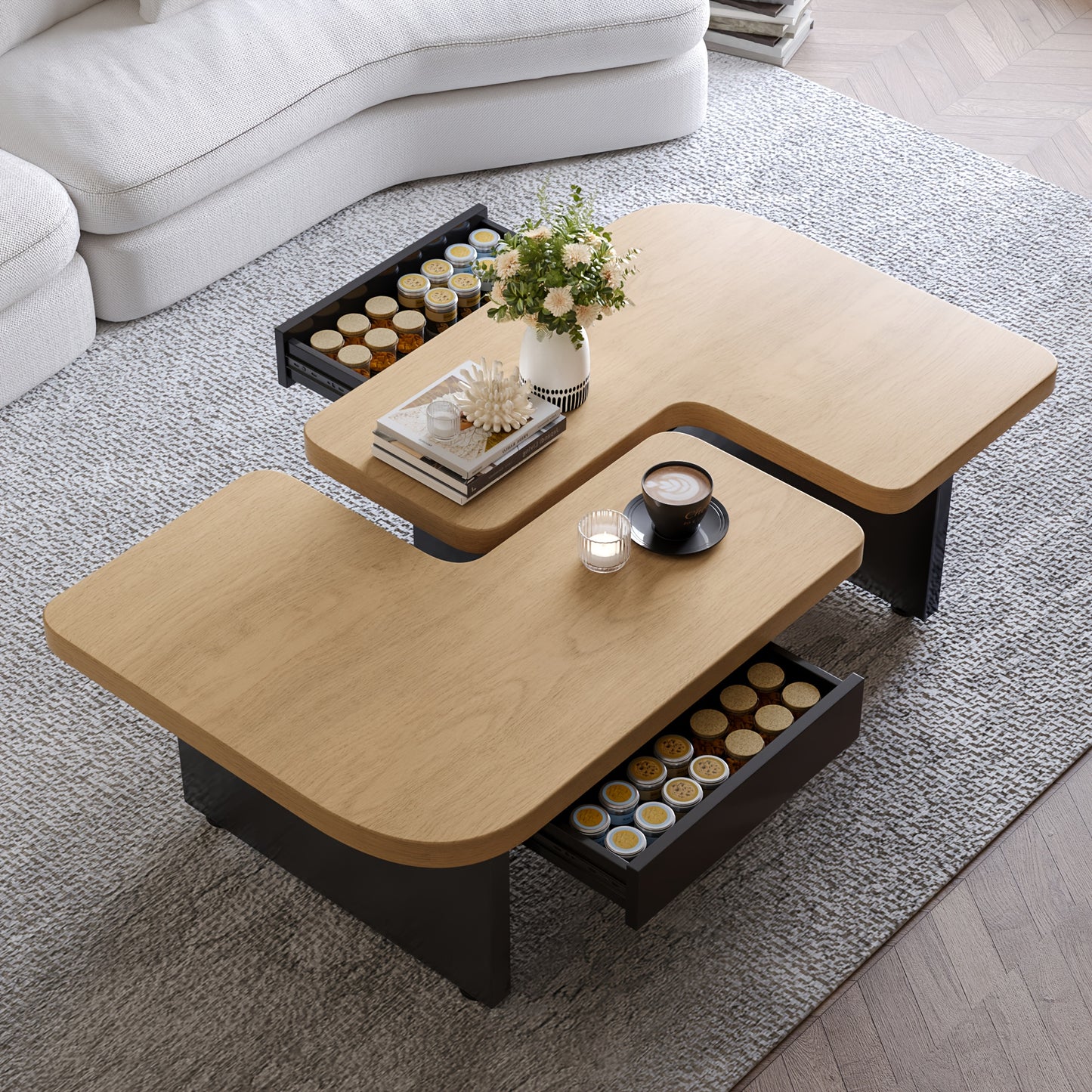 Salontafel – Koffietafel – Bijzettafel – Woonkamertafel – Lounge Tafel – Naturel Bamboe – Hoogteverstelbare Poten – Soft-Close Lade