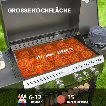 Gasbarbecue – Gas Grill – BBQ Grill – Buitenkeuken – Tafelbarbecue – 4 Hoofdbranders – Zijbrander Met Warmhoudplaat – 135x55x103 cm – Zwart