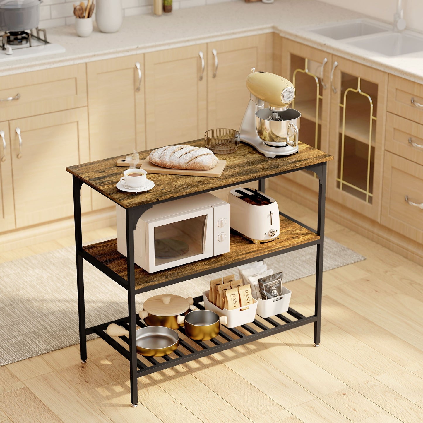 keukenrek – keukenrek staand – keukenkast organizer – kruidenrek – 3-laags – robuust stalen frame – rustieke houten planken