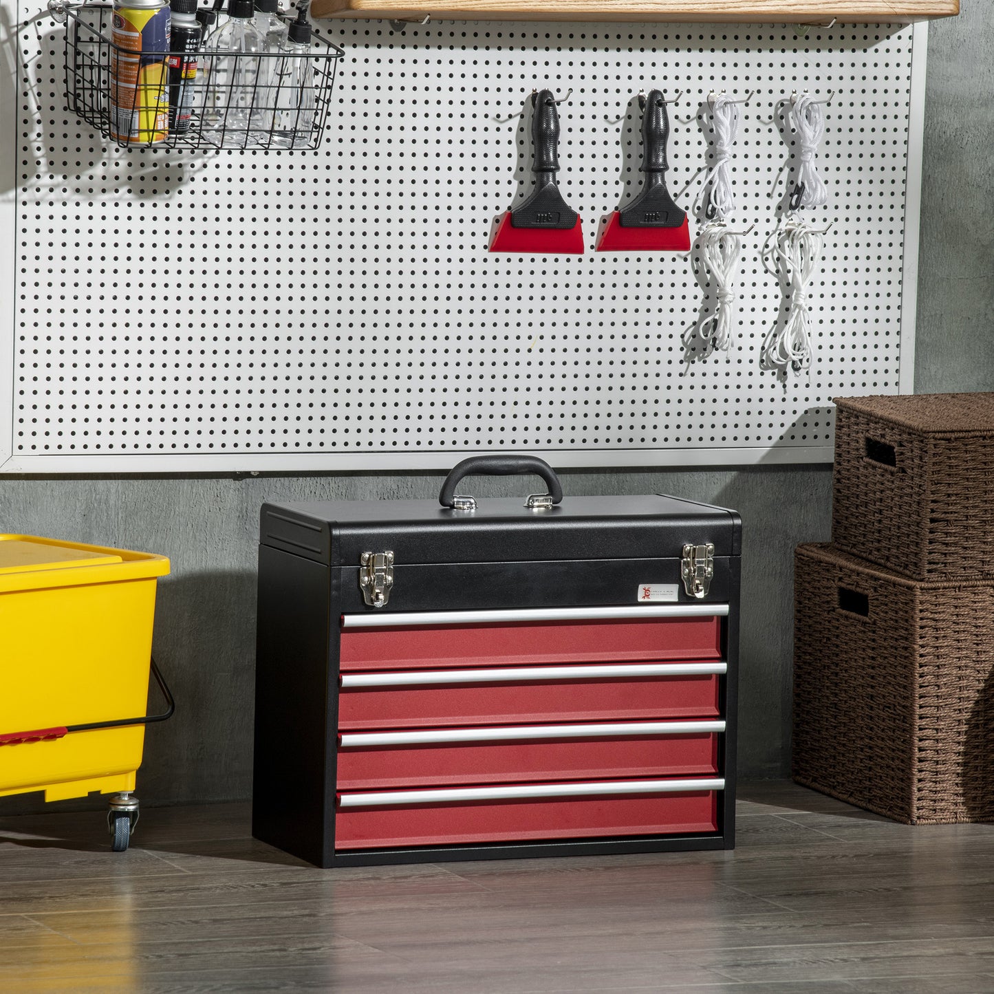 Metal Gereedschapskist – Toolbox – Opbergbox – Werkplaatskist – Toolbox Met Lade – Zwart Stalen Materiaal – 4 Laden + Bovenschaal – Compact 51x22x39,5 cm