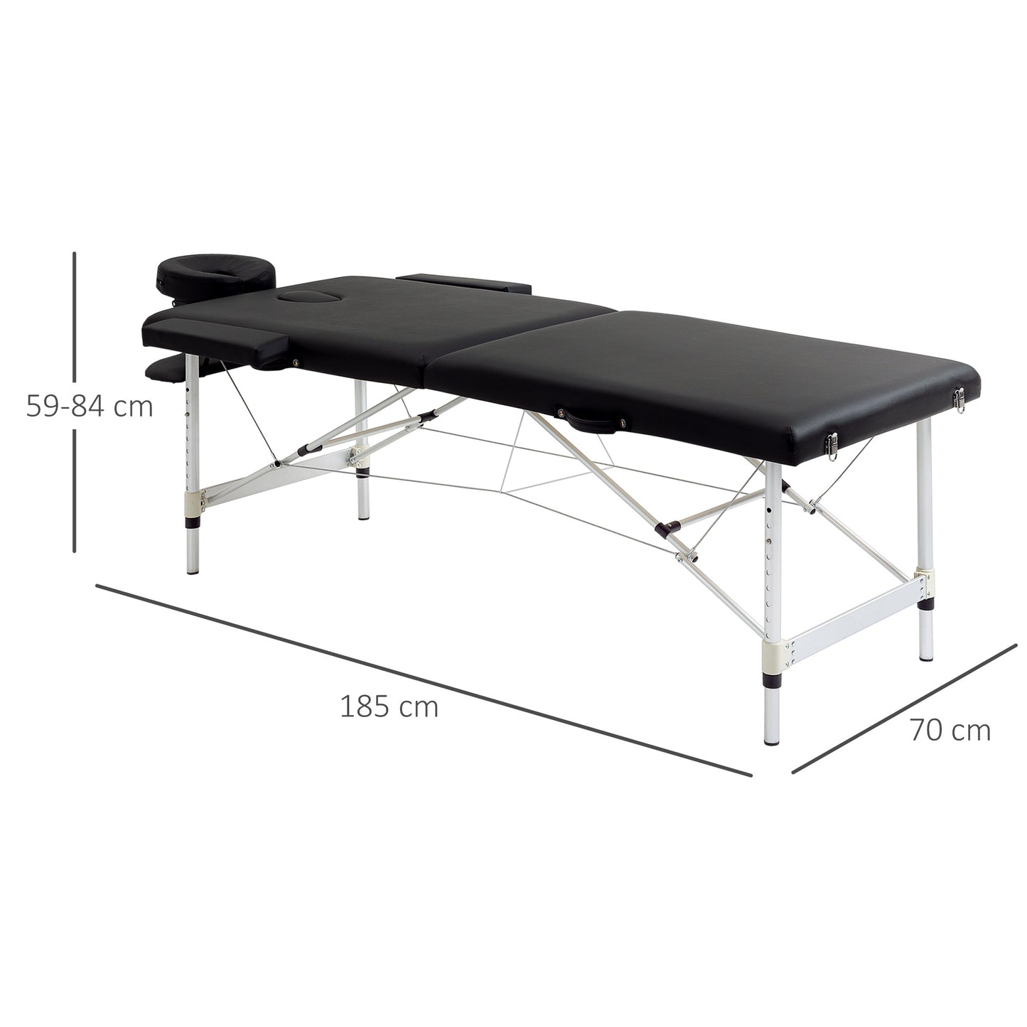 Massagetafel – Behandeltafel – Massagebed – Therapiebed – Inklapbaar – Verstelbare Hoogte 59-84 cm – Draagvermogen 225 kg – Aluminium Frame – Zwart – 185x70 cm