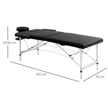 Massagetafel – Behandeltafel – Massagebed – Therapiebed – Inklapbaar – Verstelbare Hoogte 59-84 cm – Draagvermogen 225 kg – Aluminium Frame – Zwart – 185x70 cm