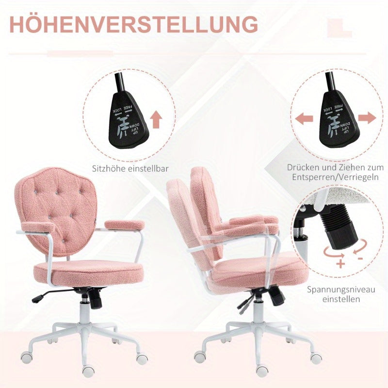 Bureaustoel – Bureaustoel Ergonomisch – Werkstoel – Computerstoel – Kantoorstoel – Verstelbare Hoogte – Teddy Fleece Bekleding Roze