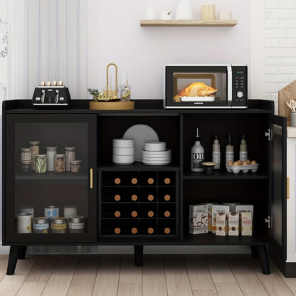 Wijnopbergkast – Wijnrek Kast – Opbergkast Keuken – Buffetkast – Vrijstaande Kast Zwart – Vintage Design – 120x40x90 cm – Hout Metaal