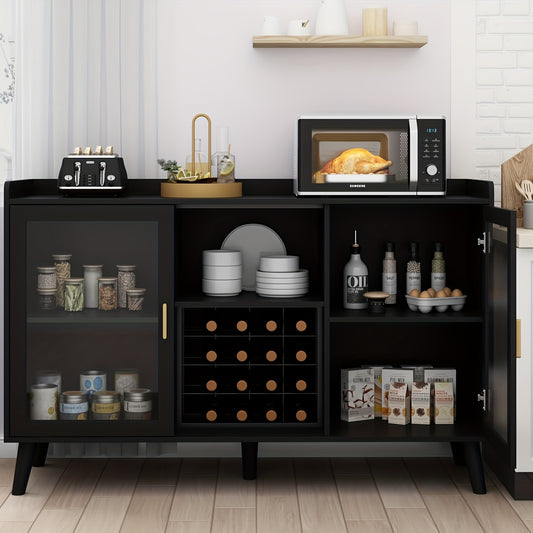Wijnopbergkast – Wijnrek Kast – Opbergkast Keuken – Buffetkast – Vrijstaande Kast Zwart – Vintage Design – 120x40x90 cm – Hout Metaal