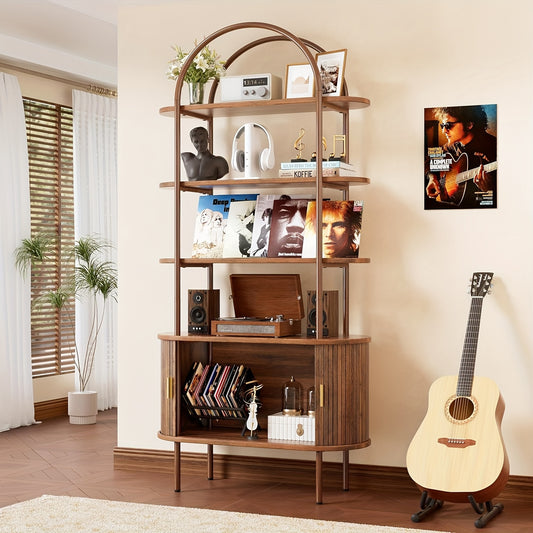 Mid-Century Modern Arched Bookshelf with Sliding Roll-Up Door & 4-Tier Storage - Heavy-Duty Wood & Metal Curved Cabinet, Space-Saving Shelving Unit Suitable for Living Room, Office, Bedroom - Assembly Required