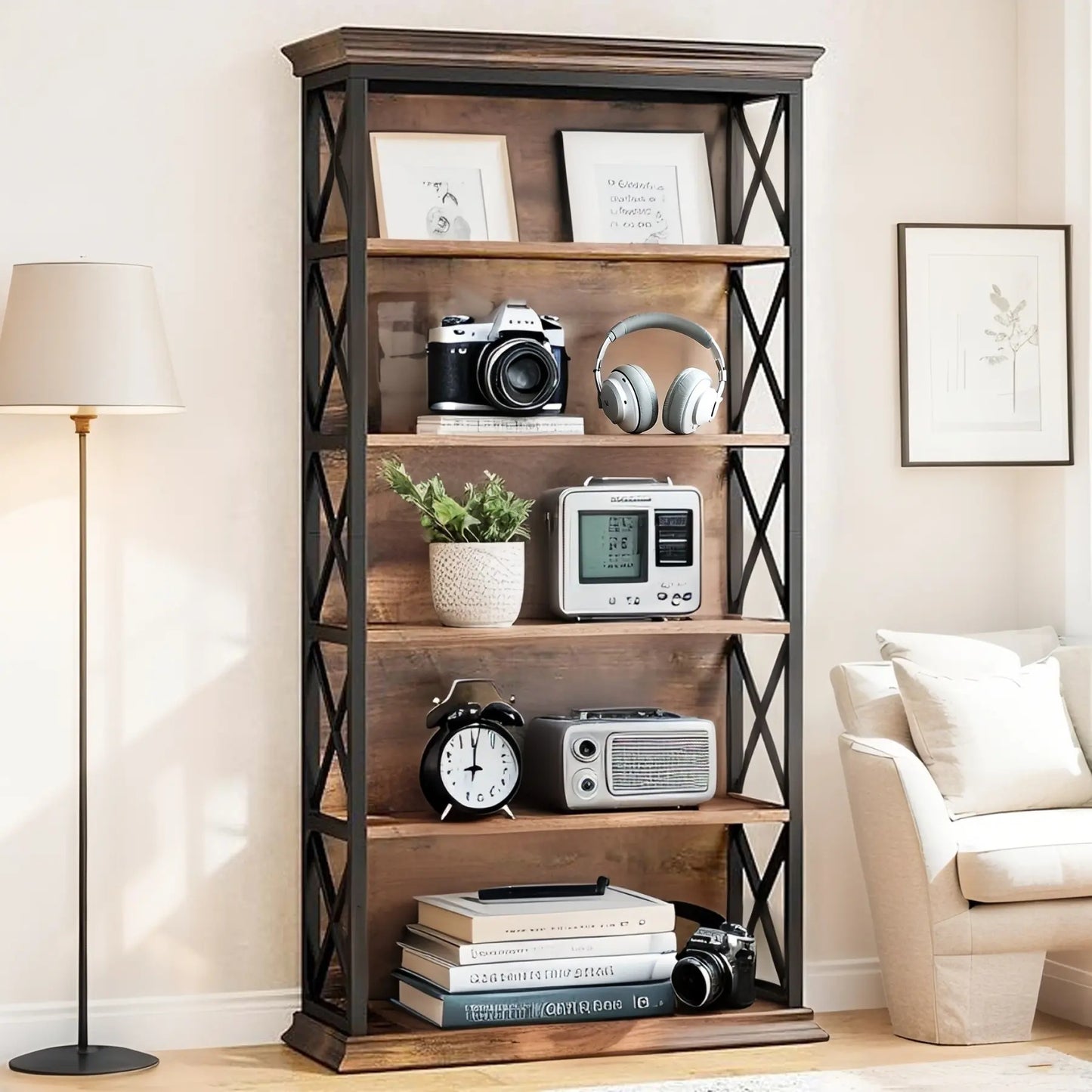 Boekenkast – Boekenrek – Vakkenkast – Opbergkast – Stellingkast – Industrieel Design – 6 Lagen – Hout & Metaal – Ruimtebesparend – Stevig & Duurzaam