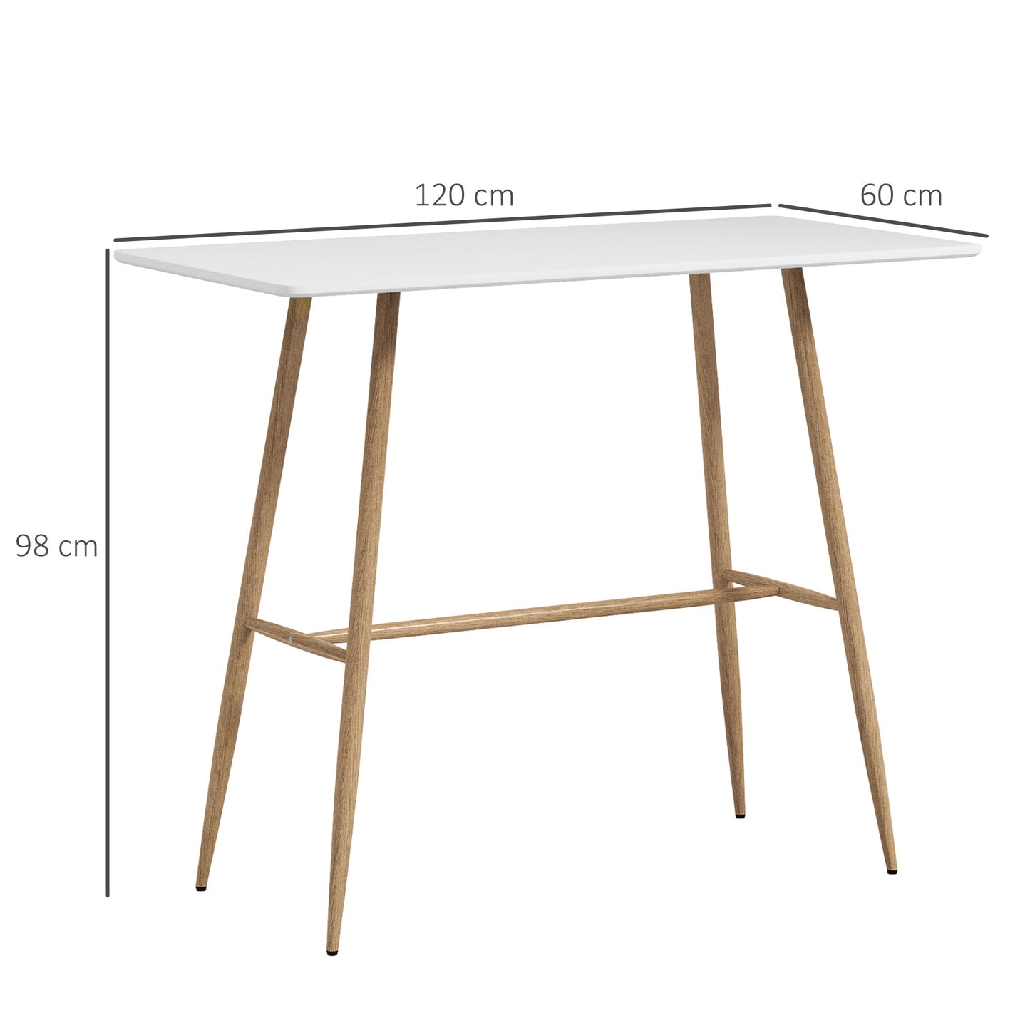Hoge Bartafel – Barkruk Tafel – Bar Eettafel – Sta Tafel – Bistrotafel – Wit Houtstructuur Blad – Stalen Poten – Compact 120x60x98 cm – Geschikt Voor 4 Personen