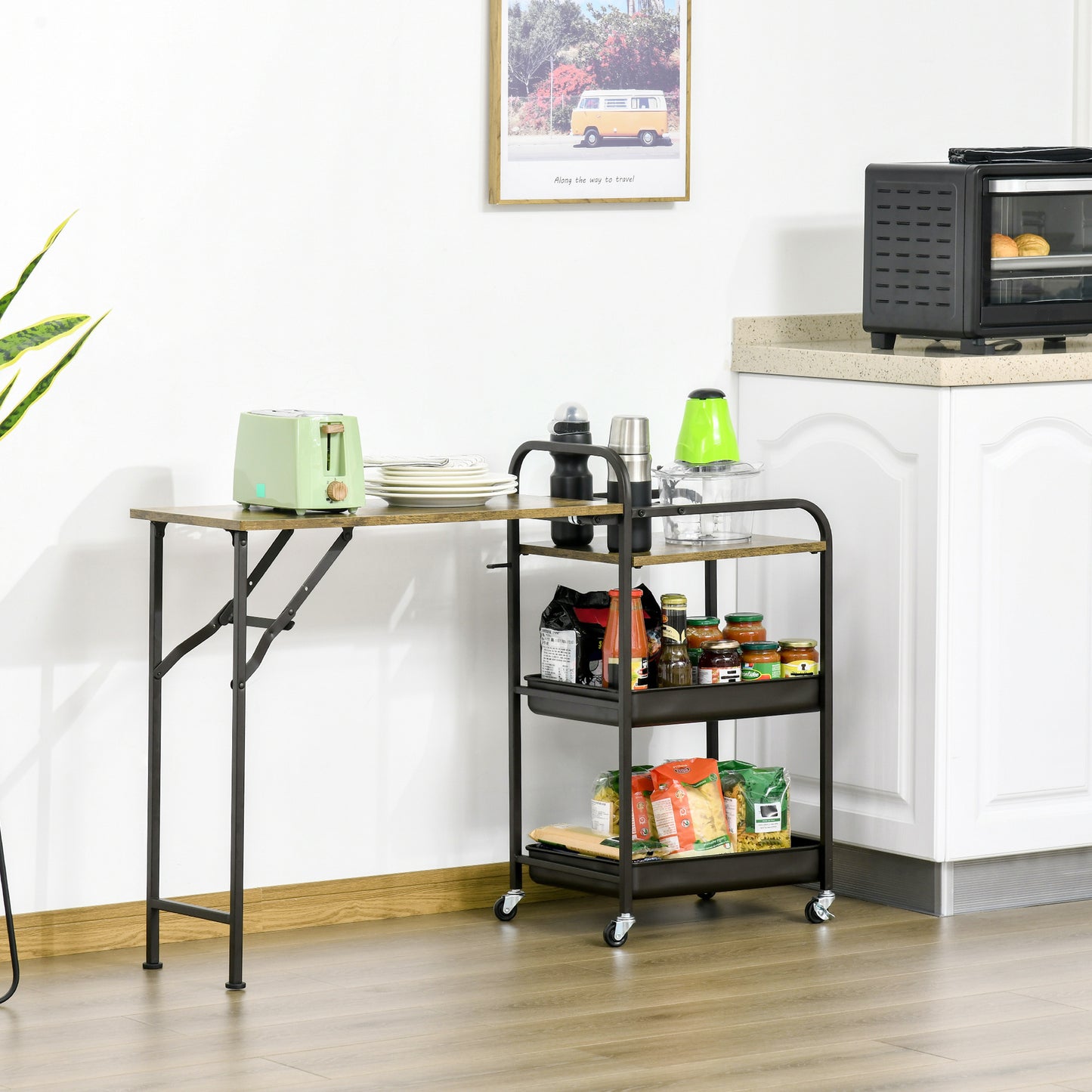 Keukentrolley – Keukenwagen – Serveerwagen – Keukenkast – Keukenrek – Opvouwbaar Werkblad – Verstelbare Pootjes – E1 Spaanplaat Metaal – Rustiek Bruin – 118x36,5x82 cm