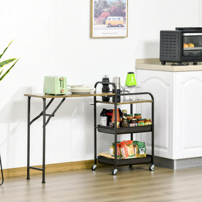 Keukentrolley – Keukenwagen – Serveerwagen – Keukenkast – Keukenrek – Opvouwbaar Werkblad – Verstelbare Pootjes – E1 Spaanplaat Metaal – Rustiek Bruin – 118x36,5x82 cm