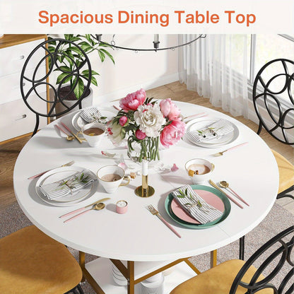 Ronde Eettafel – Keukentafel – Tafel Voor Eetkamer – Kleine Eettafel – Ronde Keukentafel Wit Goud – 47 Inch Voor 4 Personen – Met 2-Delige Opbergruimte – Duurzaam Engineered Hout