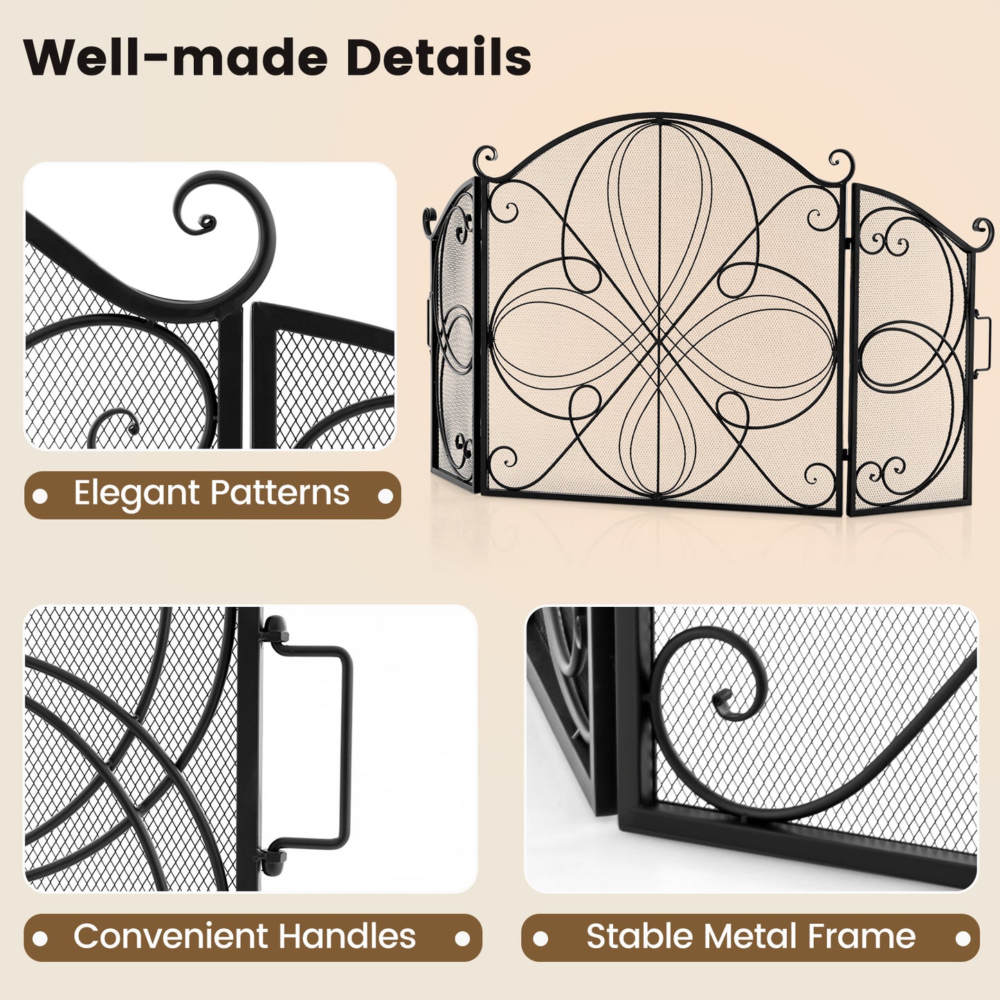 Inklapbaar Haardscherm – Vuurhaardscherm – Vuurkorf Scherm – Openhaardscherm – Brandwerend Scherm – Zwart Metalen Frame – Decoratief Bloemenpatroon – 151 x 83 cm – Veilig Tegen Vonken