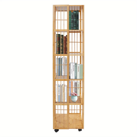 Draaibare Boekenplank – Boekenrek – Boekenkast – Verticale Opberger – Vrijstaande Plank – Bamboe Materiaal – 360° Draaibaar – 6-Lagen Ruimtebesparend Design – Natuurlijk Houtkleur