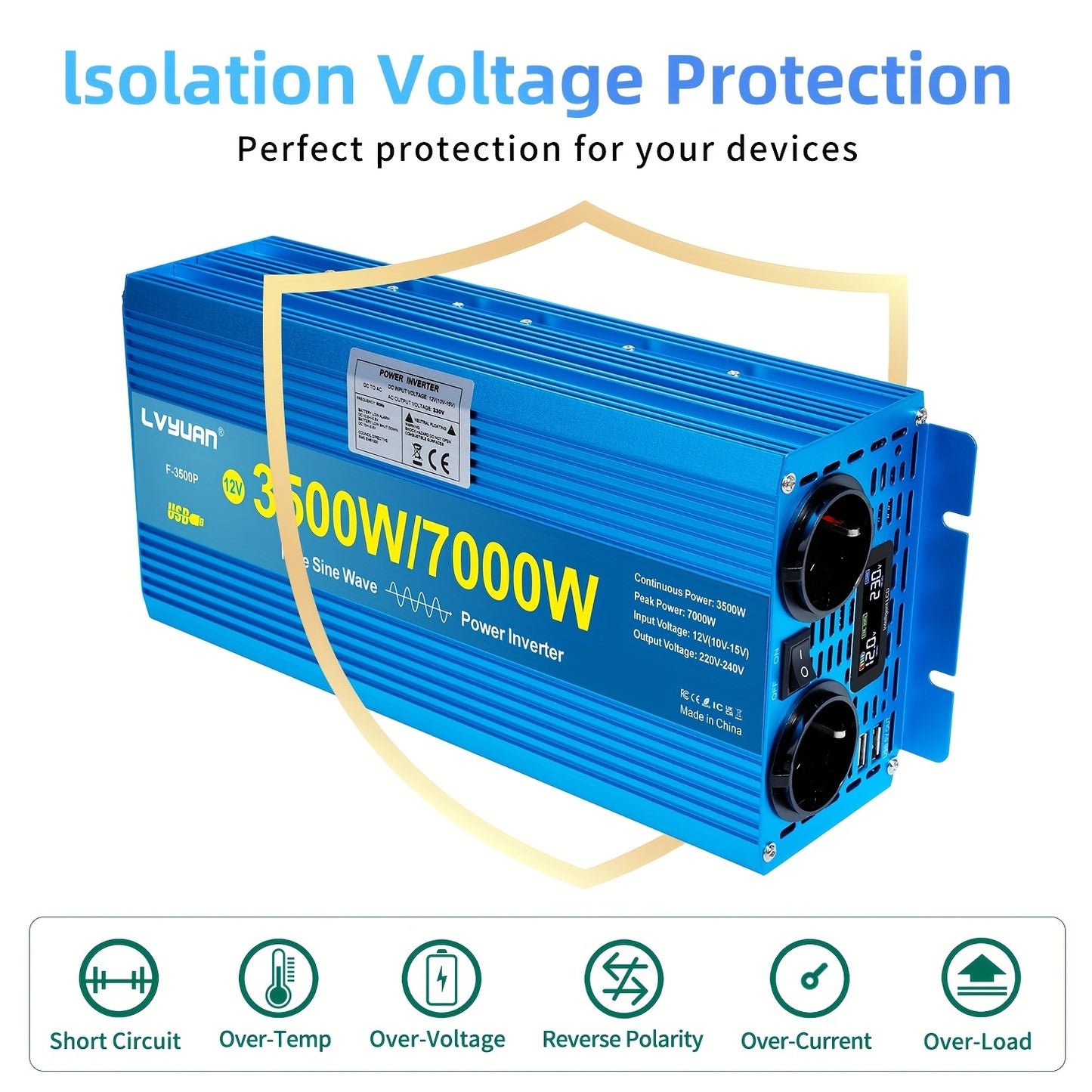 Sinusomvormer – Spanningsomvormer – Stroomomvormer – Omvormer 12V naar 220V – 3500W Continu – Pure Sinusgolf – 2 AC Stopcontacten – Dual USB Poorten – Aluminium Behuizing – LCD Display