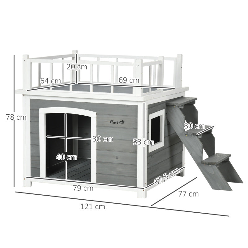Hondenhok – Hondenhuis – Hondenmand – Hondenverblijf – Huisdierhut – Met Balkon en Trap – Waterbestendig Vurenhout – Ruime Ventilatie – Lichtgrijs