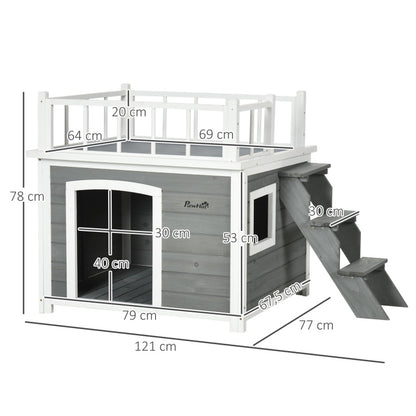 Hondenhok – Hondenhuis – Hondenmand – Hondenverblijf – Huisdierhut – Met Balkon en Trap – Waterbestendig Vurenhout – Ruime Ventilatie – Lichtgrijs