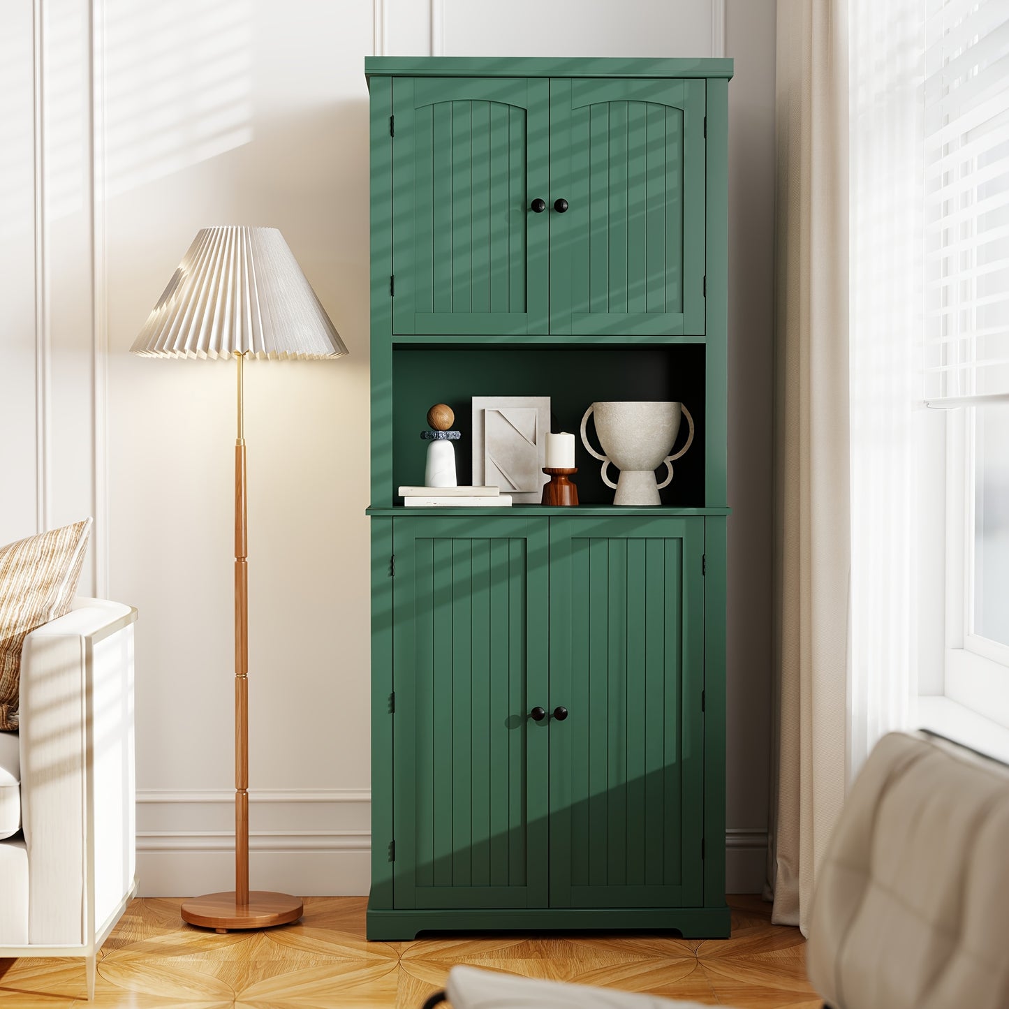 Keukenkast – Hoge Kast – Opbergkast – Buffetkast – Voorraadkast – Vintage Stijl – 7 Planken & Stevig Werkblad – Wit