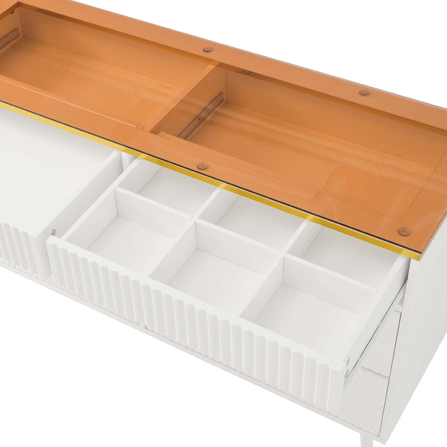 Ladekast – Kast – Commode – Opbergmeubel – Ladenkast – Wit met Amber Glas – Hardhouten Constructie – 6 Lades met Indeling – Anti-Kantel Veiligheid – 47,2 Kubieke Voet Opslag – 120 cm Hoog