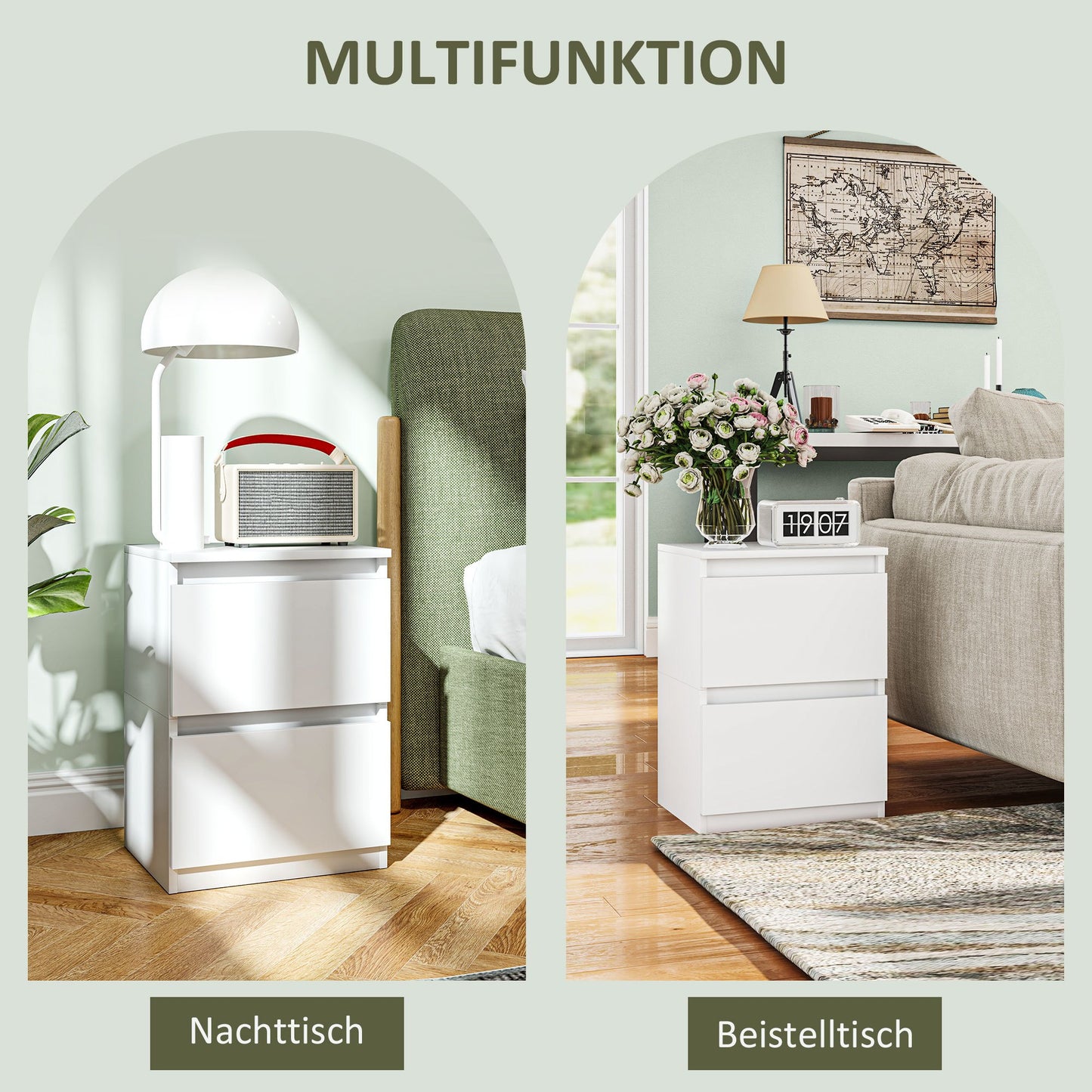 Nachttafel – Nachtkastje – Bijzettafel – Opbergmeubel – Ladeblok – Wit – 2 Ruime Lades – Hoogwaardige MDF Afwerking