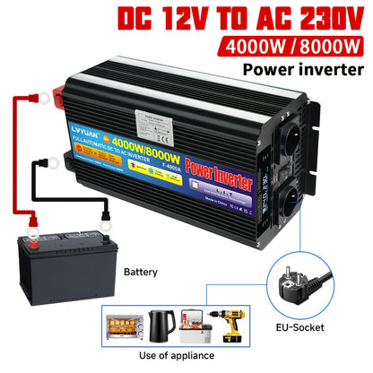 Stroomomvormer – Spanningsomvormer – Omvormer – Inverter – Converter – 24V naar 220V – 4000W Continu Vermogen – LCD Display en Draadloze Afstandsbediening