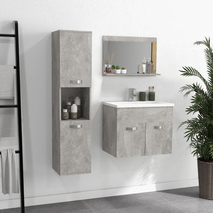 Badkamermeubelset – Badkamerkast – Wastafelmeubel – Spiegelkast – Kolomkast – Hangend Ontwerp – MDF Hardhout Afwerking – Grijs