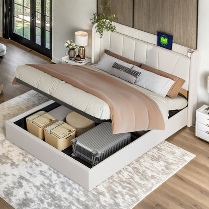 Bedframe – Tweepersoonsbed – Gestoffeerd Bed – Bedplaats – Slaapbank – 160x200 cm – Beige Linnen Bekleding – Hydraulische Opbergruimte
